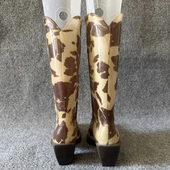 Donald J Pliner Western Equestrian Rain Boots Cow Print Brown Beige 8 Rubber - Picture 6 of 10